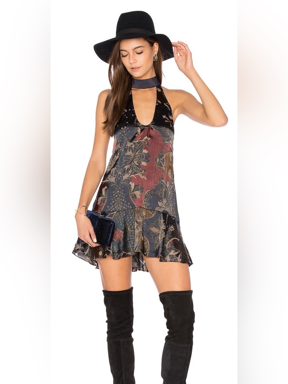 Free People Satin Lady Love Tunic Halter Dress Dark Floral Velvet/Satin Sz Large